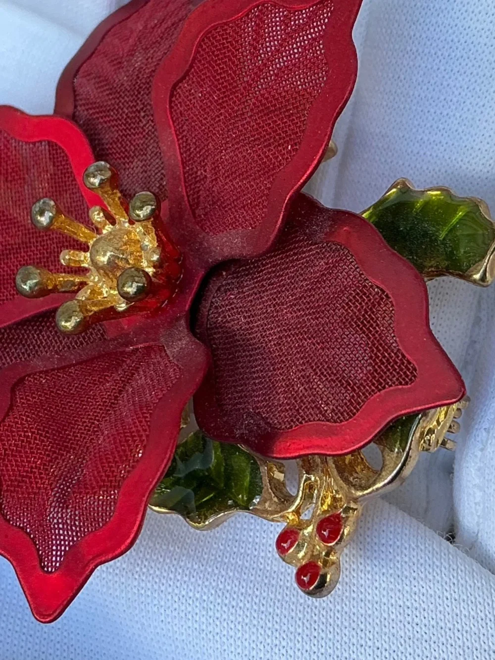 Vintage 1990s Kenneth Cole Signed Red Mesh Poinsettia Brooch Holiday Pin